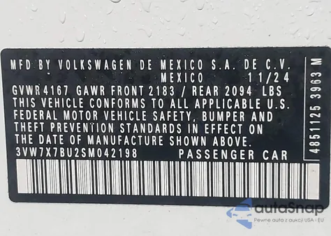 2025 Volkswagen Jetta 1.5T Se из США, поврежденный, VIN 3VW7X7BU2SM042198